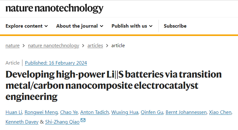 Nat Nanotech：?jiǎn)淌黎皥F(tuán)隊(duì)報(bào)道高功率鋰硫電池中碳基金屬納米催化劑的設(shè)計(jì)