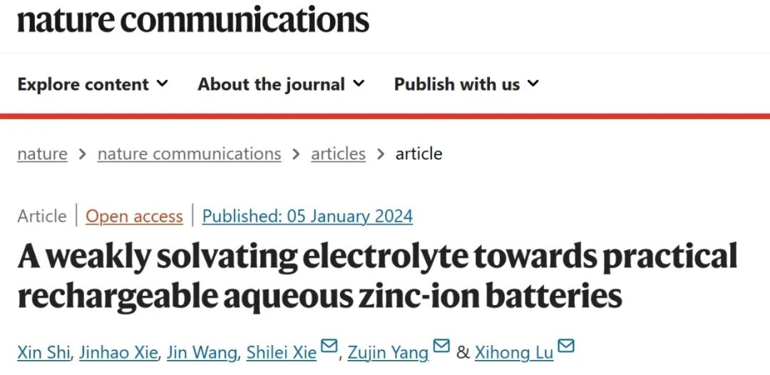 ?中大/東莞理工Nat. Commun.：弱溶劑化電解質(zhì)用于可充電水系鋅離子電池