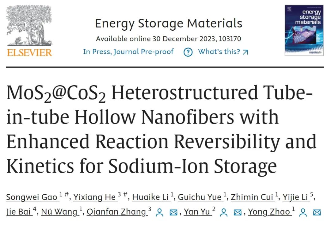 ?中科大/北航EnSM：MoS2@CoS2中空納米纖維用于鈉離子存儲(chǔ)