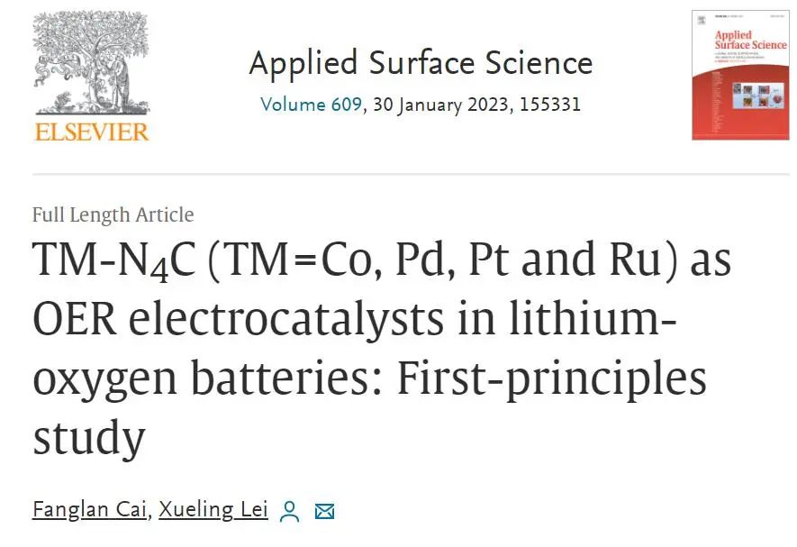 【純計(jì)算】Appl. Surf. Sci.：TM-N4C作為鋰氧電池中的OER電催化劑