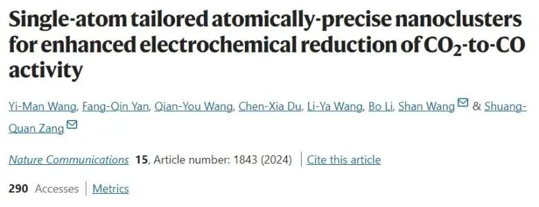 臧雙全/王珊Nature子刊：單原子調控納米團簇電子結構，增強CO2電還原為CO