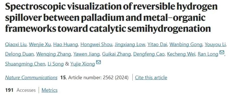 熊宇杰/龍冉Nature子刊: 光譜表征立大功！實現(xiàn)Pd與MOF間可逆氫溢出的可視化