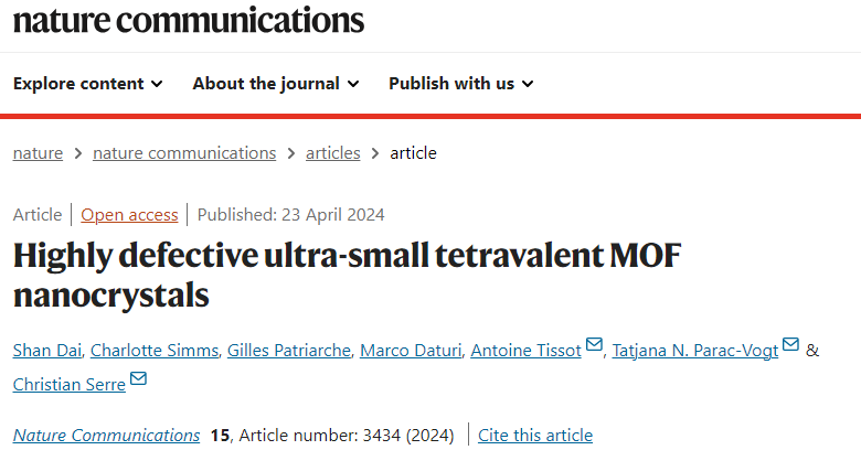 Nature子刊：超小、高缺陷四價MOF納米晶！