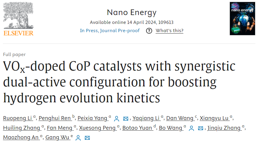 Nano Energy: VOx摻雜CoP催化劑協(xié)同雙活性構(gòu)型，全面促進(jìn)HER動力學(xué)！