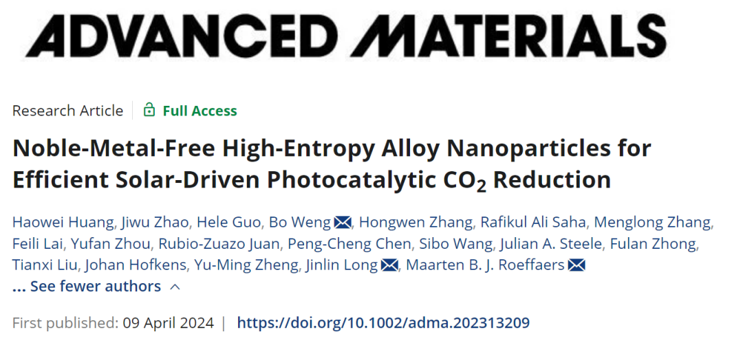 Maarten Roeffaers/龍金林/翁波AM：非貴金屬高熵合金用于高效光催化CO2還原